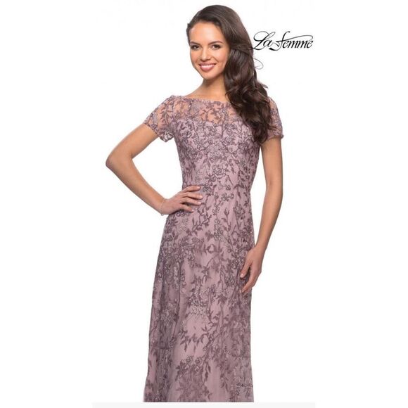 La Femme - 27956 Beaded Bateau Mother of the Bride Sheath Dress in Dusty Lilac S - Picture 3 of 8